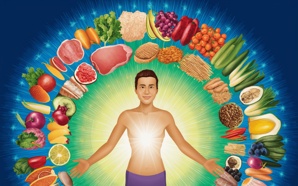 An illustration depicting a person surrounded by a variety of healthy foods including fruits, vegetables, grains, proteins, and dairy, representing the importance of a balanced diet with macronutrients and micronutrients for achieving optimal health.