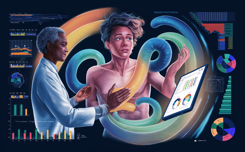 An illustration depicting a medical professional and a patient examining organic acid data and visualizations related to metabolic health assessment.