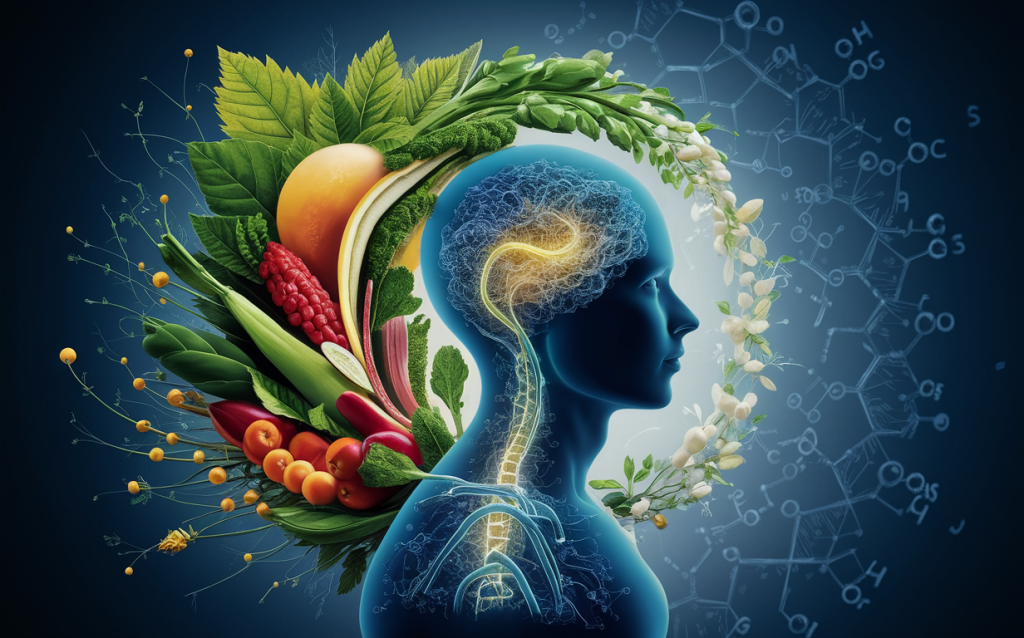 An illustration depicting the connection between healthy foods like fruits and vegetables and brain function, with a silhouette of a human head filled with a glowing network representing the brain alongside molecular structures and organic compounds.