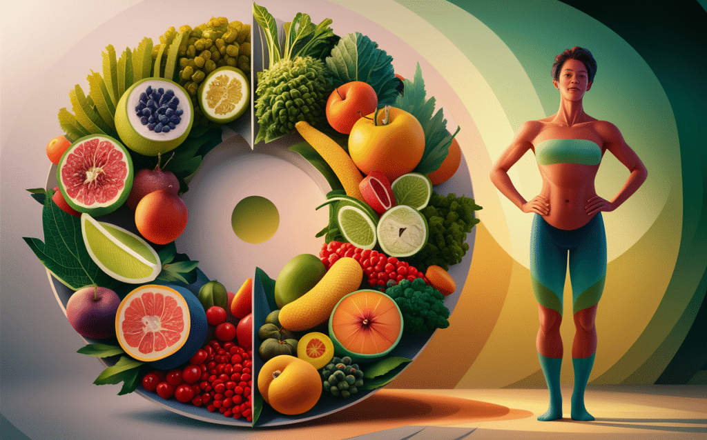 An illustration depicting a woman in athletic wear standing next to a vibrant array of fruits, vegetables, and other nutritious foods, symbolizing the importance of a balanced diet and active lifestyle for achieving optimal health and well-being.