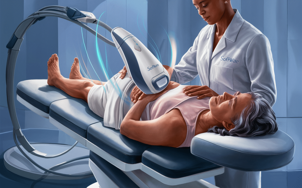 A medical professional using SoftWave therapy device to provide pain relief treatment to a patient lying on an examination table