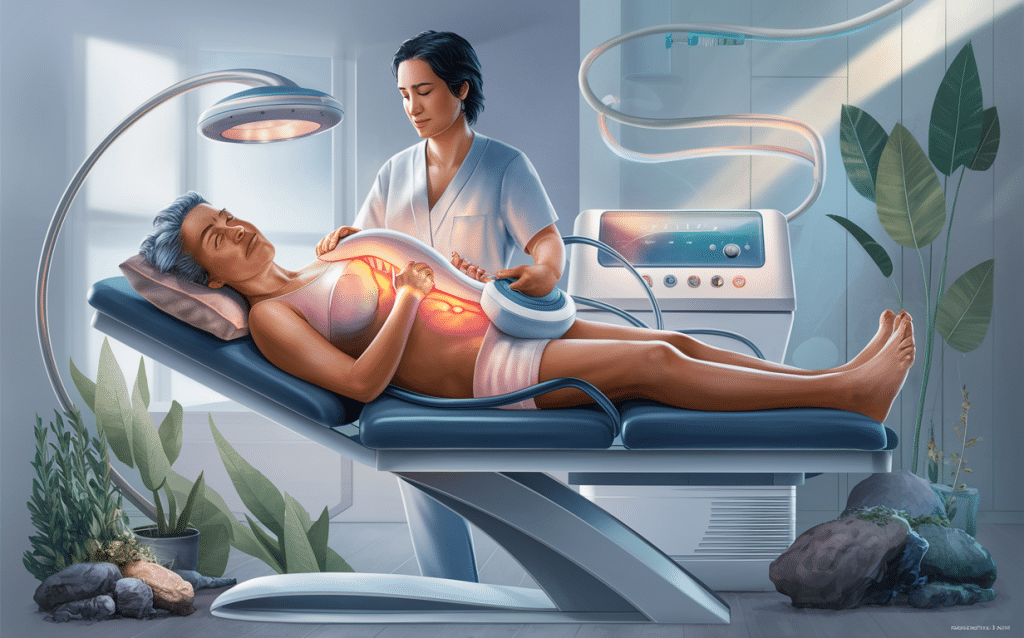 An image depicting a futuristic pain management therapy session, with a woman receiving softwave treatment from a therapist while lying on a high-tech bed surrounded by plants and natural elements. Advantages of softwave therapy 